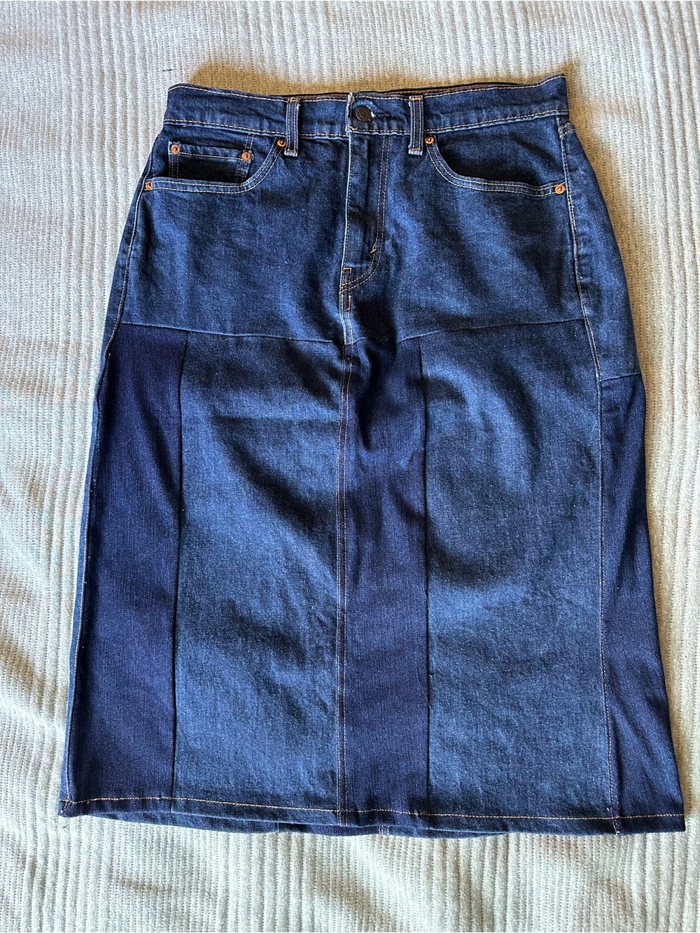 Levi's 505 Reworked Patchwork Denim Midi Skirt Colorblock Size 32”